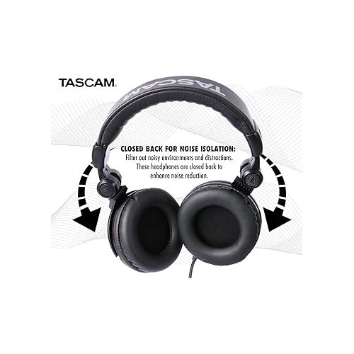  Tascam TH-03 Studio Headphones - Closed Back, Padded, Adjustable Pro Audio Headset with Gold Tip 1/8 inch to 1/4 inch Adaptor