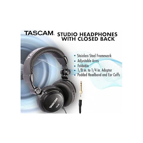  Tascam TH-03 Studio Headphones - Closed Back, Padded, Adjustable Pro Audio Headset with Gold Tip 1/8 inch to 1/4 inch Adaptor