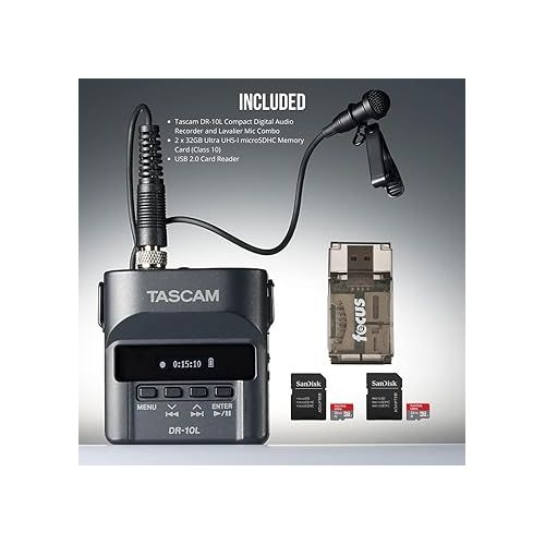  Tascam DR-10L Digital Audio Recorder and Lavalier Mic Bundle with 32GB SD Cards (2-Pack) and USB 2.0 Card Reader (4 Items)