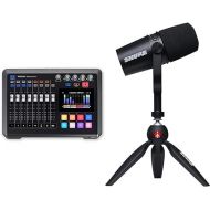 Tascam Mixcast 4 Podcast Studio Mixer Station with built-in 14-track Recorder/USB Audio Interface & Shure MV7 USB Microphone with Tripod, for Podcasting, Recording, Streaming & Gaming, Black