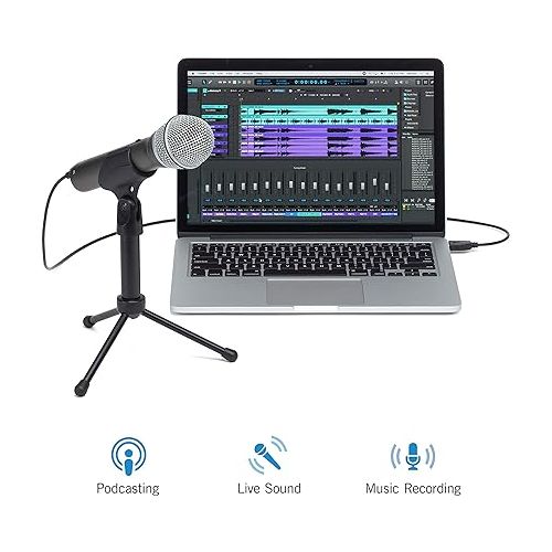  Tascam Mixcast 4 Podcast Studio Mixer Station & Samson Technologies Q2U USB/XLR Dynamic Microphone Recording and Podcasting Pack (Includes Mic Clip, Desktop Stand, Windscreen and Cables), silver