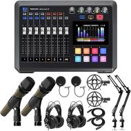 Tascam Mixcast 4 Podcast Station Bundle with Headphones, Dynamic Microphones, Desktop Boom Arm Mic Stands, Shock Mounts, Pop Filters, and XLR Cables (7 Items)