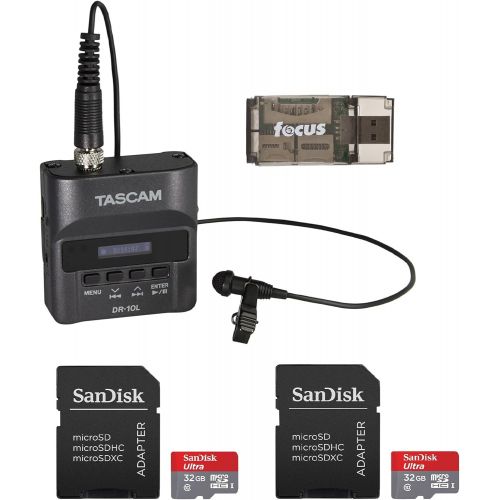  Tascam DR-10L Digital Recorder & Lavalier Mic with Two 32GB microSD Cards & Focus Card Reader