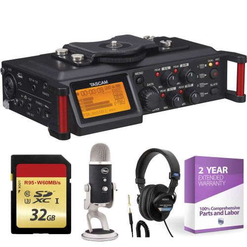  Tascam DR-70D 4-Channel Audio Recording Device for DSLR and Video Cameras + 32GB Memory Card + Studio Headphones + XLR Microphone