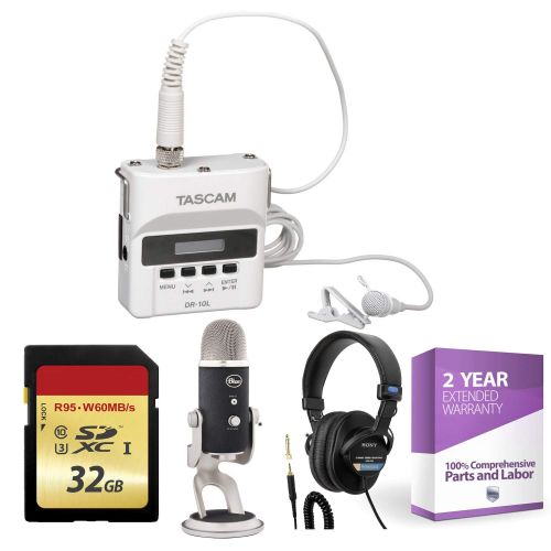  Tascam DR-10L Digital Audio Recorder with Lavalier Mic (White) + 32GB Memory Card + Studio Headphones + XLR Microphone