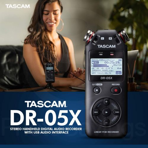  Tascam DR-05X 2-Input / 2-Track Portable Handheld Digital Audio Recorder (Black) with Deluxe accessory bundle