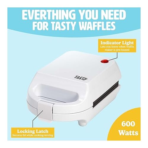  Tasty Mini Nonstick Waffle Maker, Perfect for Individual Waffles, Hash Browns, Brownies and more, Quick Results, Easy Clean Up, 600W, White