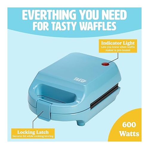  Tasty Mini Nonstick Waffle Maker, Perfect for Individual Waffles, Hash Browns, Brownies and more, Quick Results, Easy Clean Up, 600W, Blue