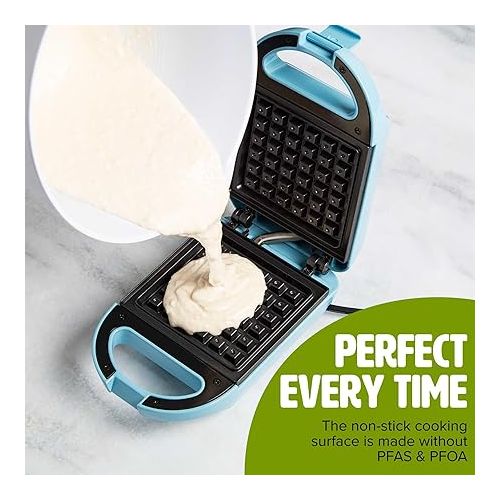  Tasty Mini Nonstick Waffle Maker, Perfect for Individual Waffles, Hash Browns, Brownies and more, Quick Results, Easy Clean Up, 600W, Blue