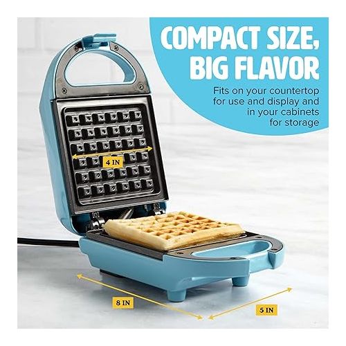  Tasty Mini Nonstick Waffle Maker, Perfect for Individual Waffles, Hash Browns, Brownies and more, Quick Results, Easy Clean Up, 600W, Blue