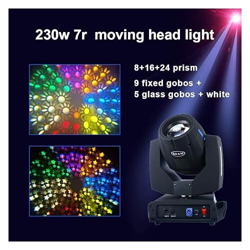  7R 230W Beam Stage Moving Head Light, DMX512 Channel Control, 14 Gobos and 14 Colors with Rainbow Effect for Stage Disco Club Lighting