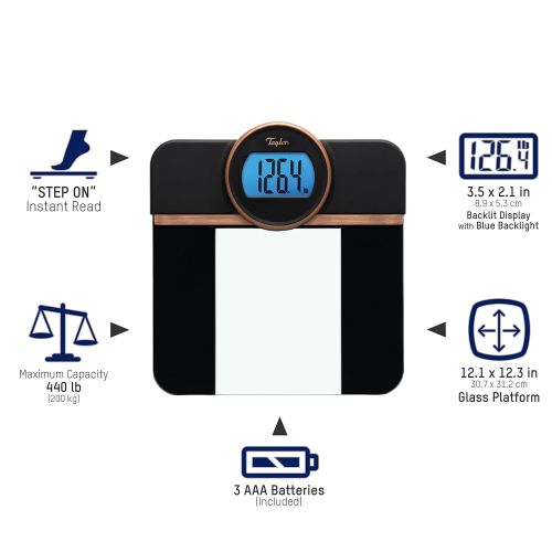  Taylor Precision Products Taylor Glass Blue Backlight Display (Black) Retro Digital Bath Scale,