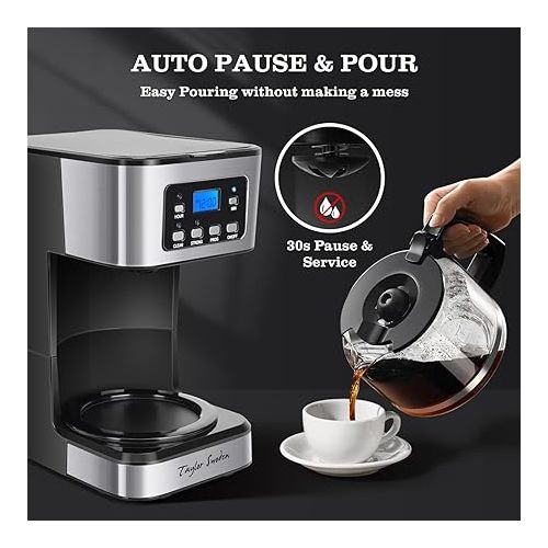  Taylor Swoden 12-Cup Programmable Coffee Maker, Regular & Strong Brew Drip Coffee Machine for Home and Office, Glass Carafe, Pause & Serve, Auto Shut Off, Black & Stainless Steel