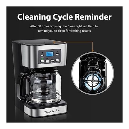  Taylor Swoden 12-Cup Programmable Coffee Maker, Regular & Strong Brew Drip Coffee Machine for Home and Office, Glass Carafe, Pause & Serve, Auto Shut Off, Black & Stainless Steel