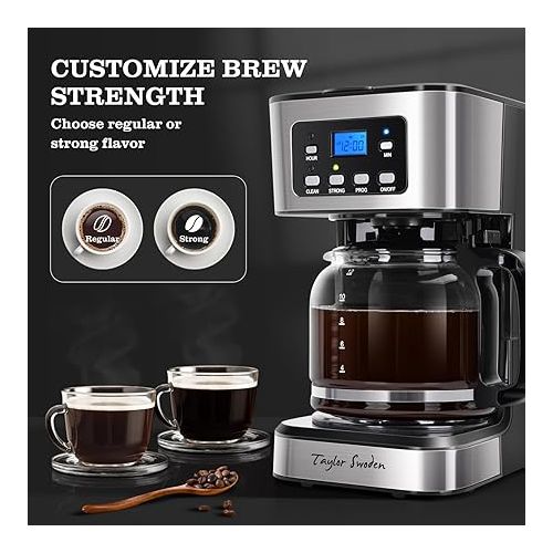  Taylor Swoden 12-Cup Programmable Coffee Maker, Regular & Strong Brew Drip Coffee Machine for Home and Office, Glass Carafe, Pause & Serve, Auto Shut Off, Black & Stainless Steel