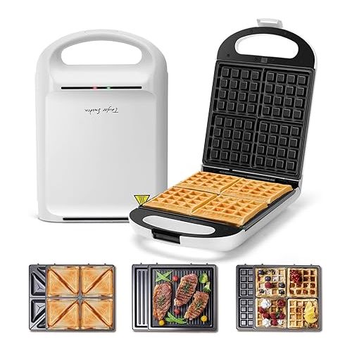  Sandwich Maker 3 in 1, Taylor Swoden 4 Slice Waffle Maker 1200W Panini Press Grill with Non-stick Plates, Double-Sided Heating, Indicator Lights, Cool Touch Handle, Easy to Use & Clean, White