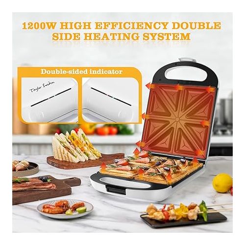  Sandwich Maker 3 in 1, Taylor Swoden 4 Slice Waffle Maker 1200W Panini Press Grill with Non-stick Plates, Double-Sided Heating, Indicator Lights, Cool Touch Handle, Easy to Use & Clean, White