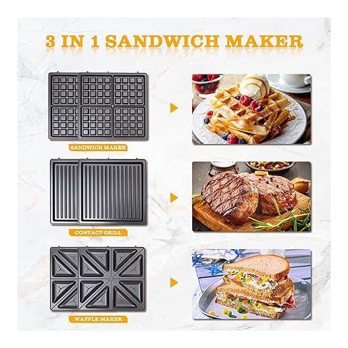 Sandwich Maker 3 in 1, Taylor Swoden 4 Slice Waffle Maker 1200W Panini Press Grill with Non-stick Plates, Double-Sided Heating, Indicator Lights, Cool Touch Handle, Easy to Use & Clean, White