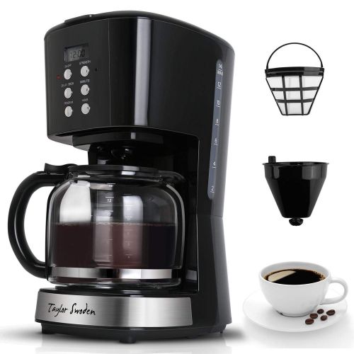  Taylor Swoden Macaron - Filterkaffeemaschine 1.8L 900 Watt mit wiederverwendbarem Filter und Heizplatte, Kapazitat, Anti-Drip-System, programmierbare Uhr/Timer, BPA frei, schwarz.