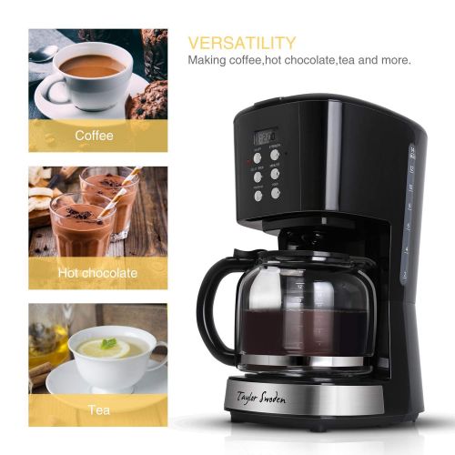  Taylor Swoden Macaron - Filterkaffeemaschine 1.8L 900 Watt mit wiederverwendbarem Filter und Heizplatte, Kapazitat, Anti-Drip-System, programmierbare Uhr/Timer, BPA frei, schwarz.