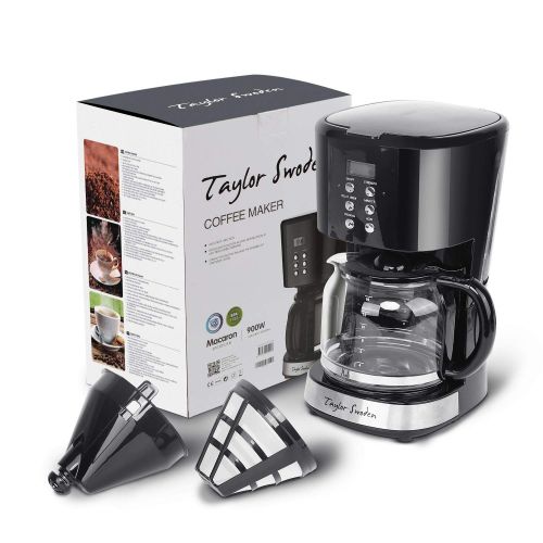  Taylor Swoden Macaron - Filterkaffeemaschine 1.8L 900 Watt mit wiederverwendbarem Filter und Heizplatte, Kapazitat, Anti-Drip-System, programmierbare Uhr/Timer, BPA frei, schwarz.