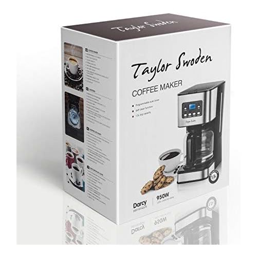  Taylor Swoden Macaron - Filterkaffeemaschine 1.8L 900 Watt mit wiederverwendbarem Filter und Heizplatte, Kapazitat, Anti-Drip-System, programmierbare Uhr/Timer, BPA frei, schwarz.