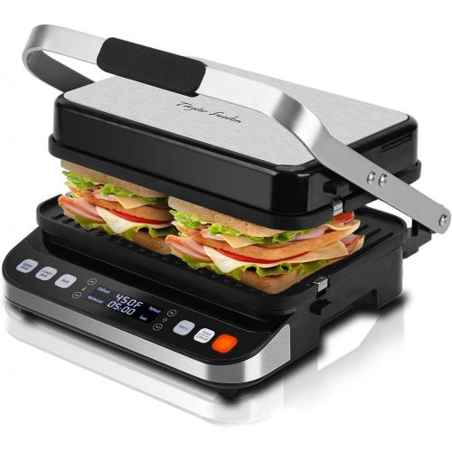  10 in 1 Panini Press Sandwich Maker, Taylor Swoden 1600W Electric Indoor Grill with Non-Stick Double Sided Plates, LED Touch Screen, Independent Temperature Control, Opens 180 Degr