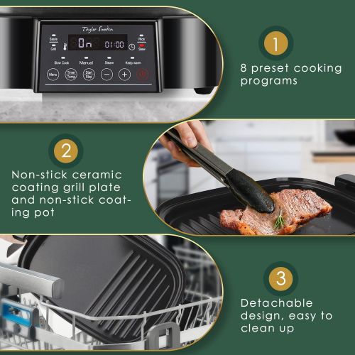  [아마존베스트]Taylor Swoden Arthur Slow Cooker Grill and Steamer 3 in 1 1250W Multifunction Preset Programmes and Manual Adjustment Digital Touch Screen Keep Warm Function BPA Free