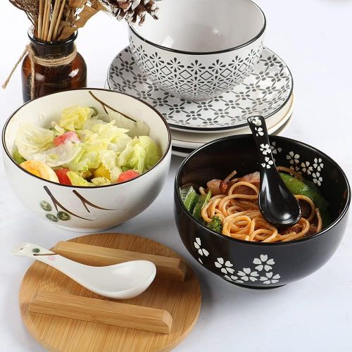  [아마존베스트]Yeking Japanese Ramen Noodle Bowl with Lid Spoon, Vintage Ramen Bowl, Black Ceramic Noodles Bowl Hand Drawn Rice Bowl Retro Tableware Noodle Bowl 6.5 inch