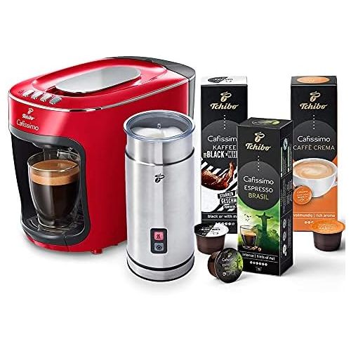  [아마존베스트]Tchibo Cafissimo Mini Capsule Machine (for Coffee, Espresso and Caffe Crema) Including Electric Milk Frother Made of Stainless Steel and 30 Capsules (Red)