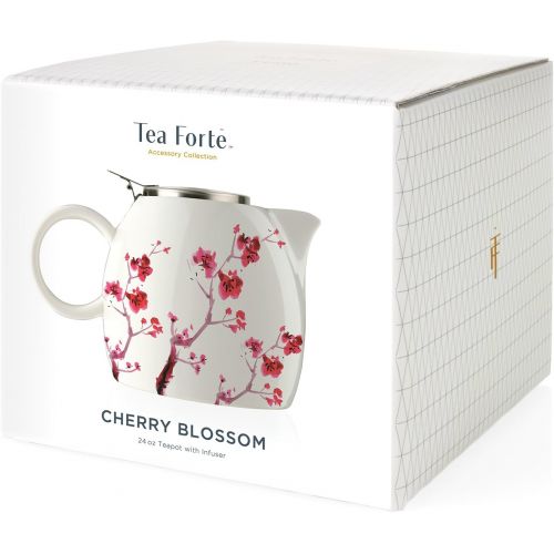  Tea Forte Pugg Ceramic Teapot Infuser Set with Loose Lea Tea Steeping Basket and Lid, Cherry Blossoms