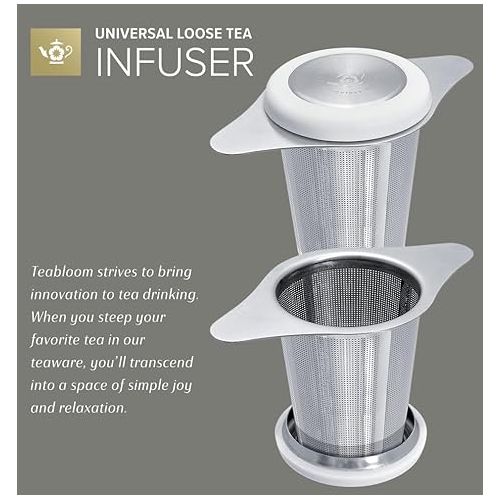  Teabloom Universal Loose Tea Infuser with Dual-function Lid/Dish - Fits Cups, Mugs, Teapots - Lid Touchpoints Remain Cool to the Touch - Steep Tea or Coffee - Connoisseur's Choice