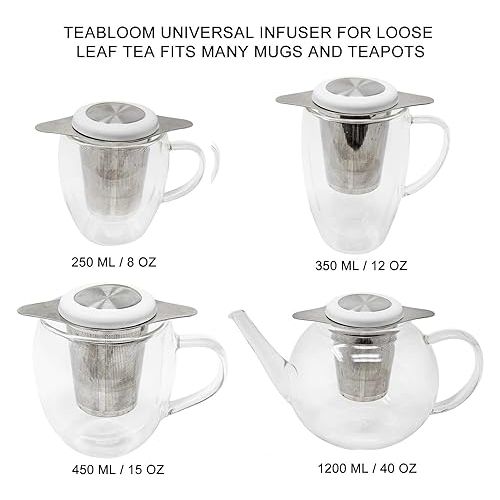  Teabloom Universal Loose Tea Infuser with Dual-function Lid/Dish - Fits Cups, Mugs, Teapots - Lid Touchpoints Remain Cool to the Touch - Steep Tea or Coffee - Connoisseur's Choice