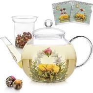 Stovetop & Microwave Safe Teapot (40 oz) with Removable Loose Tea Infuser - Includes 2 Blooming Teas - 2-in-1 Kettle and Tea Maker