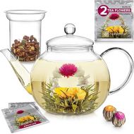 Teabloom Stovetop & Microwave Safe Glass Teapot (40 oz) with Removable Loose Tea Glass Infuser - Includes 2 Blooming Teas - 2-in-1 Tea Kettle and Tea Maker