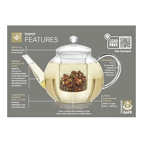  Teabloom Stovetop & Microwave Safe Glass Teapot (40 oz) with Removable Loose Tea Glass Infuser - Includes 2 Blooming Teas - 2-in-1 Tea Kettle and Tea Maker