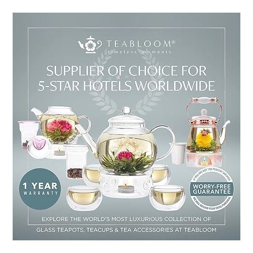  Teabloom Stovetop & Microwave Safe Glass Teapot (40 oz) with Removable Loose Tea Glass Infuser - Includes 2 Blooming Teas - 2-in-1 Tea Kettle and Tea Maker