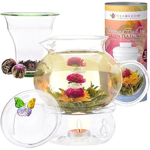  Teabloom Wings of Love Blooming Tea Gift Set - 40 oz Borosilicate Glass Teapot, Teapot Warmer, Glass Loose Tea Infuser, 12 Fruit Flowering Tea Canister