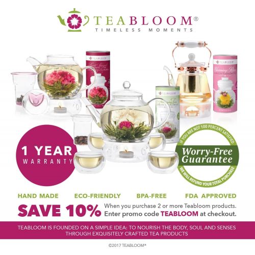  Teabloom Wings of Love Blooming Tea Gift Set - 40 oz Borosilicate Glass Teapot, Teapot Warmer, Glass Loose Tea Infuser, 12 Fruit Flowering Tea Canister