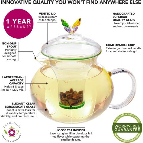  Teabloom Wings of Love Blooming Tea Gift Set - 40 oz Borosilicate Glass Teapot, Teapot Warmer, Glass Loose Tea Infuser, 12 Fruit Flowering Tea Canister