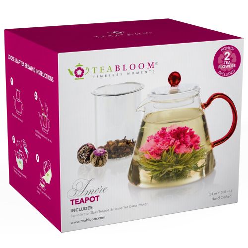  Teabloom Amore Glass Teapot Gift Set  Stovetop Safe Glass Teapot with Removable Glass Infuser  4-6 Tea Cups (34 oz)  Two Blooming Tea Flowers Included