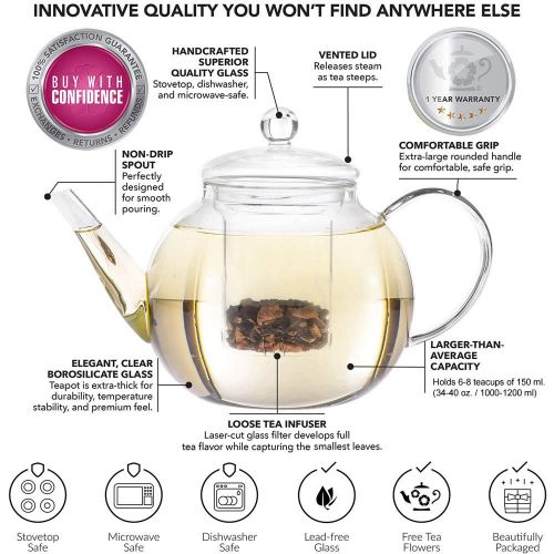  Teabloom Complete Tea Set - Stovetop Safe Glass Teapot with 12 Flowering Teas, Tea Warmer, 4 Double Wall Teacups & Removable Glass Infuser for Loose Leaf Tea - Celebration Flowerin