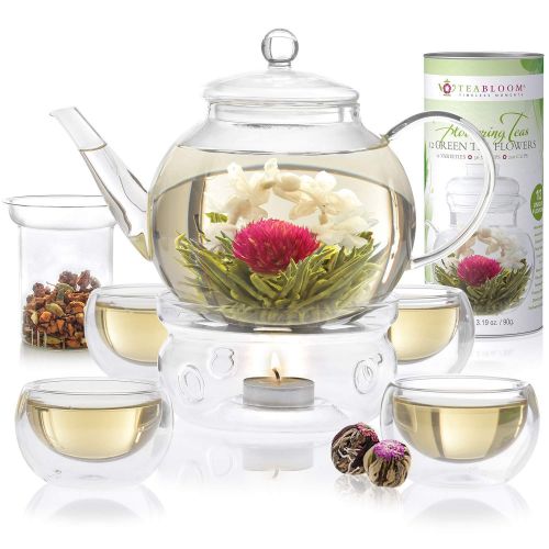  Teabloom Complete Tea Set - Stovetop Safe Glass Teapot with 12 Flowering Teas, Tea Warmer, 4 Double Wall Teacups & Removable Glass Infuser for Loose Leaf Tea - Celebration Flowerin