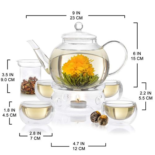  Teabloom Complete Tea Set - Stovetop Safe Glass Teapot with 12 Flowering Teas, Tea Warmer, 4 Double Wall Teacups & Removable Glass Infuser for Loose Leaf Tea - Celebration Flowerin