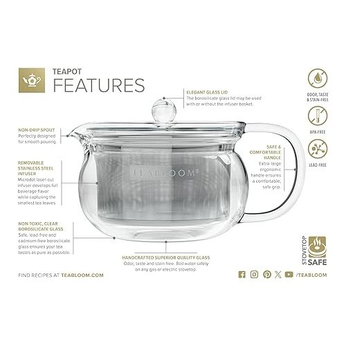  Teabloom Kyoto 2-in-1 Tea Kettle and Tea Maker - Glass Teapot with Removable Loose Tea Filter - Tea Connoisseur's Choice