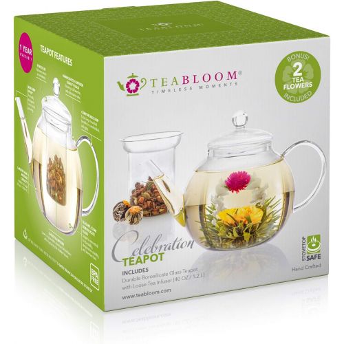  Teabloom Set Glas-Teekanne & Glasernes Teeei - fuer 6-8 Tassen - am Besten fuer lose Teeblatter oder Bluetentee - 2 Teeblumen enthalten (1200 ml Teekanne)