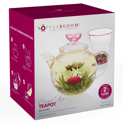  Teabloom Eternal Love Teekanne  1000 ml Glas Teekanne, Deckel mit Herz, Glas Tee-Ei fuer losen Tee & 2 Bluetentees - Warmeschockbestandig - Kochfeldsicher