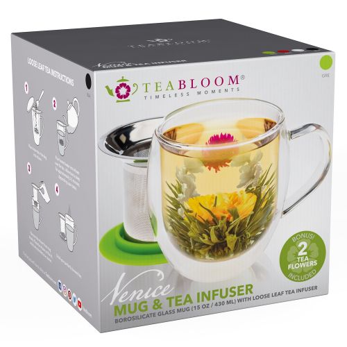  Teabloom Doppelwandiger Becher aus Glas mit Tee-Ei & Deckel + 2 Gourmet Teeblumen - 450 ml Teebecher - Deckel auch als Untersetzer einsetzbar - Hinreissendes Geschenk fuer Tee-Liebha