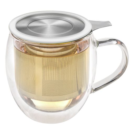  Teabloom Doppelwandiger Becher aus Glas mit Tee-Ei & Deckel + 2 Gourmet Teeblumen - 450 ml Teebecher - Deckel auch als Untersetzer einsetzbar - Hinreissendes Geschenk fuer Tee-Liebha