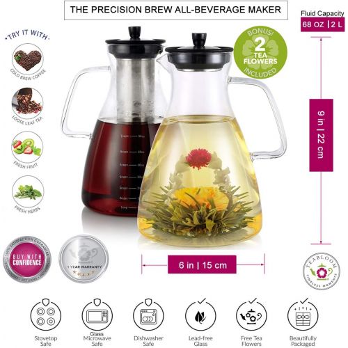  [아마존 핫딜] Teabloom Precision All-Brew Beverage Maker  Extra Large Stovetop Safe Glass Teapot/Coffee Maker - 68 OZ / 2.0 L  for Hot/Iced Tea, Cold Brew Coffee, Fruit Infused Water  2 Free